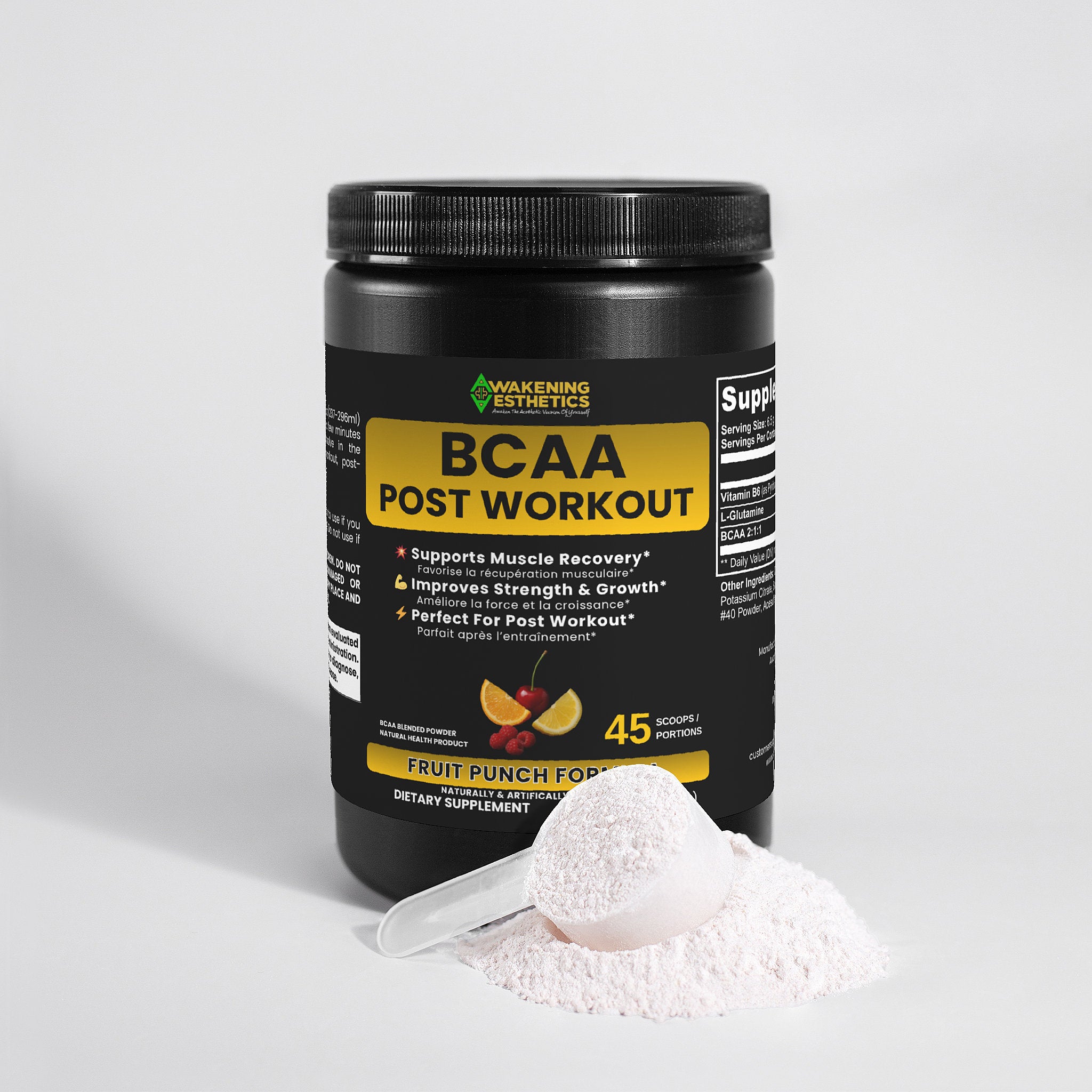 Awakening Aesthetics BCAA Post Workout Powder | 5000mg BCAAs + Glutamine for Lean Muscle Growth, Recovery & Endurance | 2:1:1 Ratio | Gluten Free | Fruit Punch Flavor | Made in USA