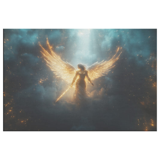 Beautiful Angel in Heaven with Golden Wings and Glowing Sword Surrounded Clouds and Light Rays Divine Christian Canvas Art Symbolizing Protection Strength and Heavenly Power - Awakening Righteousness