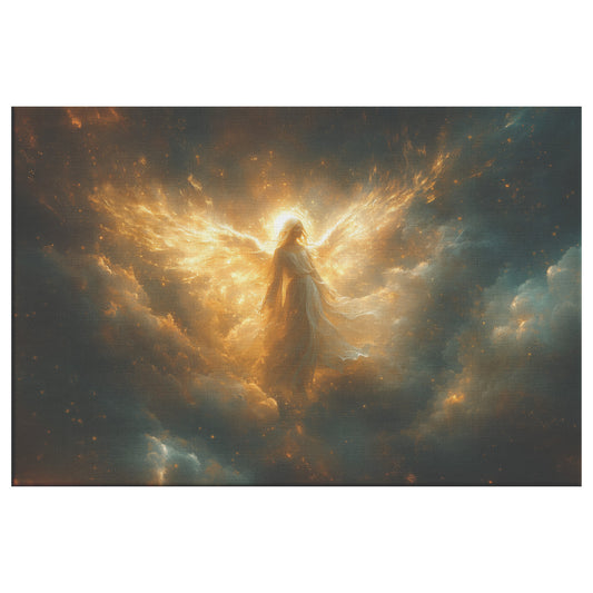 Beautiful Angel in the Clouds Glowing with Golden Light Wings Spread Wide Surrounded Cosmic Dust Divine Beauty and Celestial Power Christian Canvas Art - Awakening Righteousness