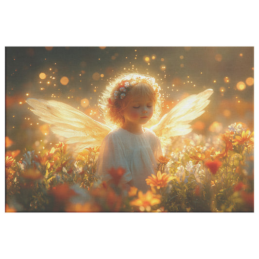 Charming Little Angel with Golden Wings Surrounded Flowers Shining Radiant Light in a Dreamy Flower Field Christian Canvas Art for Serenity and Inspiration - Awakening Righteousness