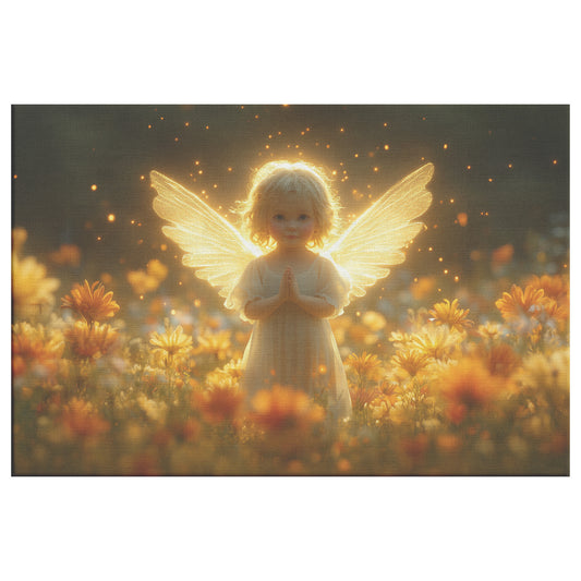 Cute Little Angel Praying in Yellow Flower Field Glowing Wings Golden Light Spiritual Peace Divine Aura Heavenly Christian Canvas Art - Awakening Righteousness