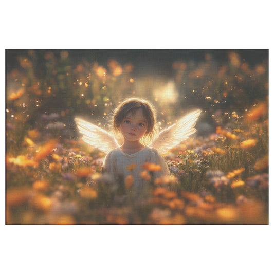 Cute Little Angel with Wings Surrounded Flowers Bathed in Warm Golden Light Set Against a Lush Meadow of Colorful Wildflowers Enchanting and Ethereal Christian Canvas Art - Awakening Righteousness