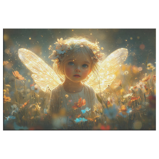 Cute Little Girl with Fairy Wings Surrounded Wildflowers in a Magical Dreamy Garden Whimsical Canvas Wall Art for Home Nursery or Living Room Decor - Awakening Righteousness