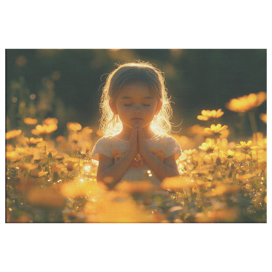 Cute Little Girl with Hands Folded in Prayer Surrounded Vibrant Flowers and Warm Sunshine Heartwarming Christian Canvas Art for Peaceful and Tranquil Home Decor - Awakening Righteousness