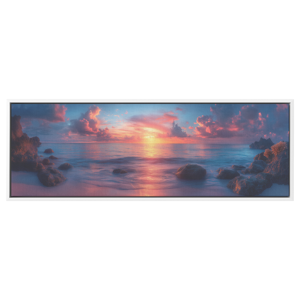 Exotic_Beach_Sunset_Smooth_Rocks_Coral_R_White_Framed_Canvas_H_Panoramic_Main_Mockup.png