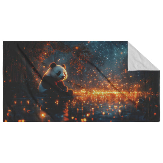 Giant Panda Sitting Near a Bioluminescent Pond Surrounded by Glowing Plants Under a Starry Night Sky Surreal Beach Towel - Awakening Righteousness