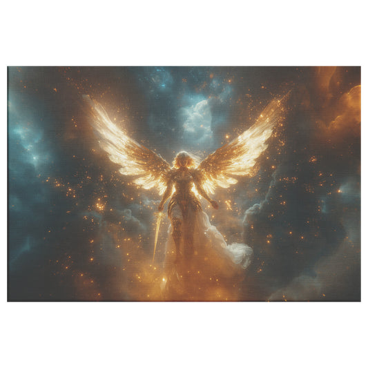 Golden Angelic Woman with Large Wings and Sword Glowing Aura in the Heavenly Sky Divine Christian Canvas Art of Strength and Light Surrounded Golden Stars and Celestial Beauty - Awakening Righteousness
