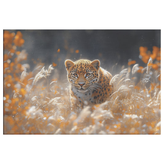 Leopard Stealthily Moving Through Tall Grass and Autumn Flowers at Sunset Wildlife Canvas Wall Art for Home Living Room or Nursery Canvas Wall Art Decor - Awakening Righteousness