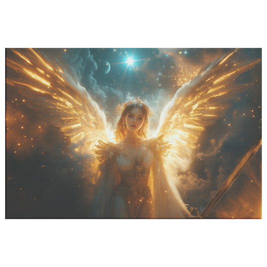 Majestic Angel with Golden Wings Holding Sword of Light in the Starry Sky Divine Christian Canvas Art for Home Living Room Office Heavenly Wall Decor with Spiritual Power - Awakening Righteousness