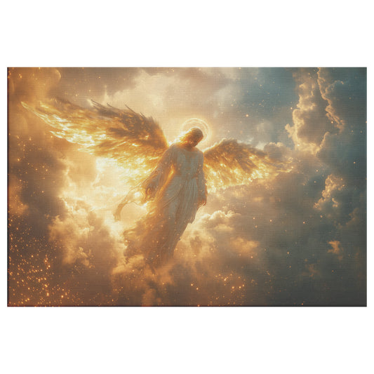 Majestic Golden Angel Soaring Through the Clouds Radiating Divine Light and Awe-Inspiring Power Christian Canvas Art for Spiritual Inspiration - Awakening Righteousness