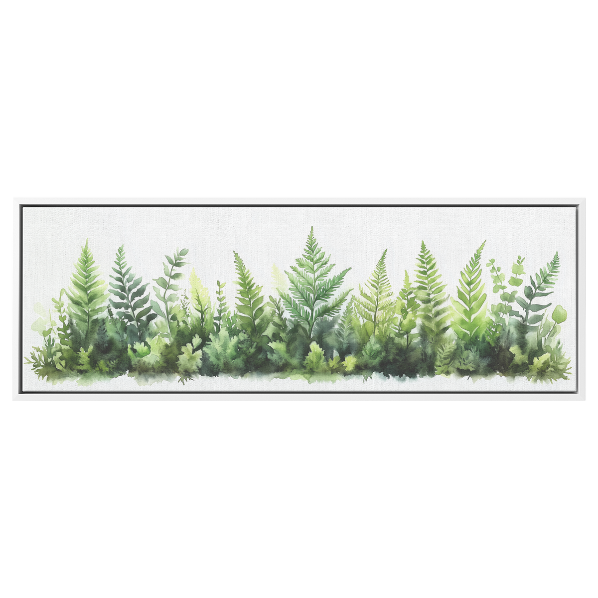 Minimalist Botanical Print Ferns Soft Green Watercolor Washes White Background Ultra High Definition Elegant Simplicity Panoramic Framed Canvas Wall Art - Awakening Righteousness