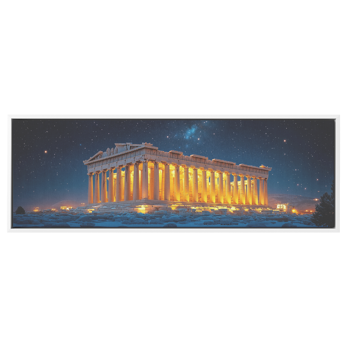Nighttime_View_of_the_Parthenon_Soft_Lig_White_Framed_Canvas_H_Panoramic_Main_Mockup.png