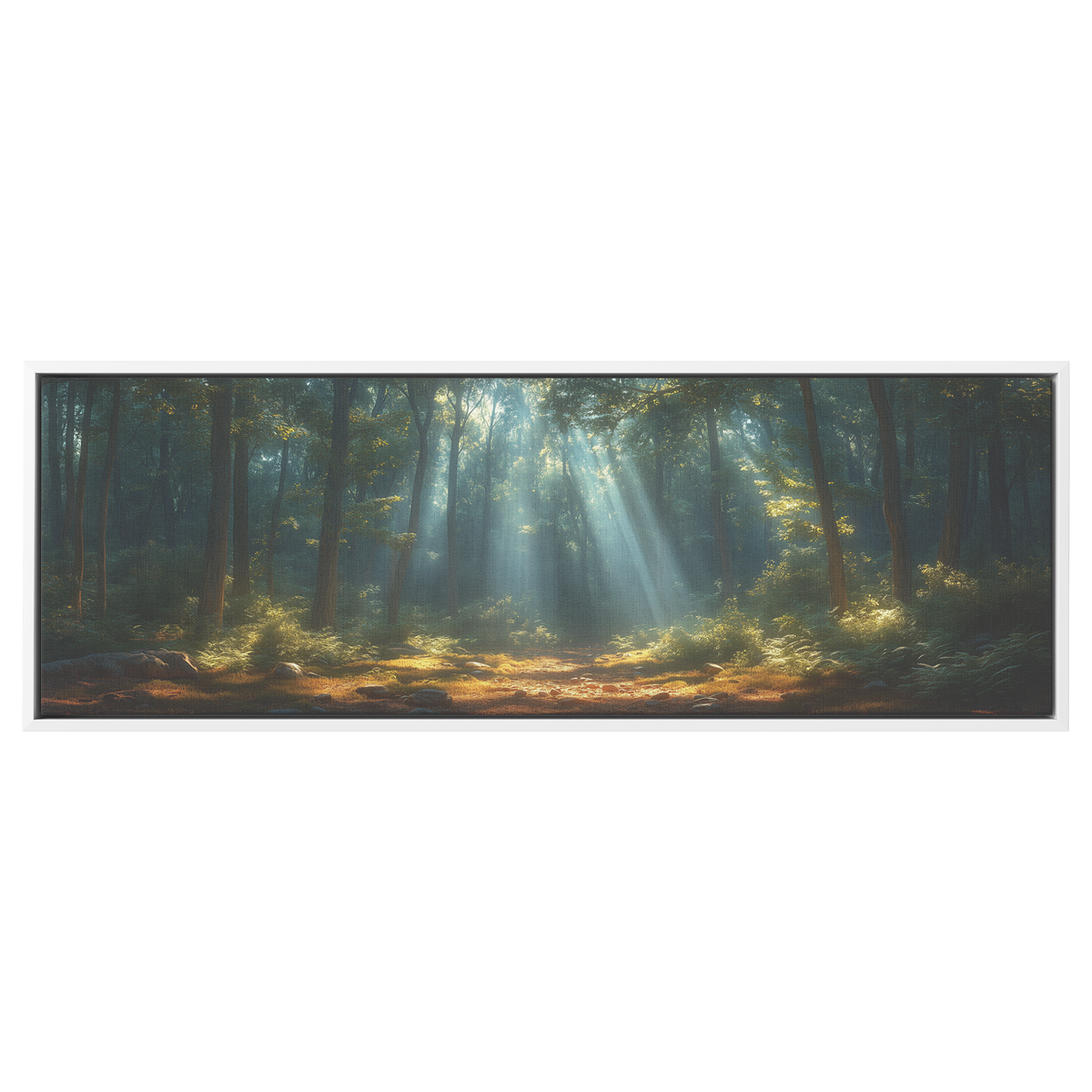Tranquil_Forest_Sunlight_Beams_Dense_Can_White_Framed_Canvas_H_Panoramic_Main_Mockup.png