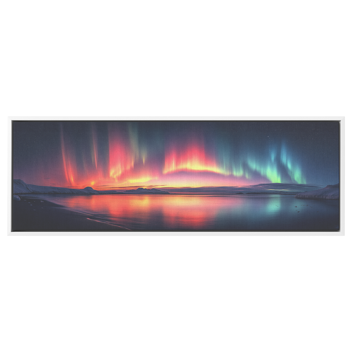 Vivid_Aurora_Borealis_Over_Calm_Bay_Pink_White_Framed_Canvas_H_Panoramic_Main_Mockup.png