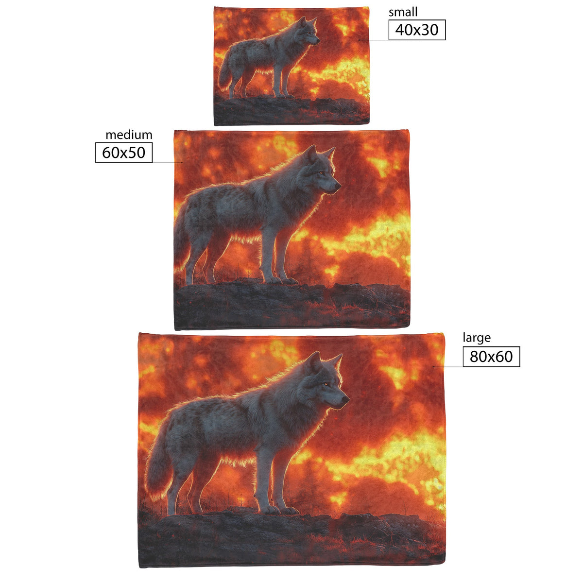 Alpha Wolf Standing Tall on Rocky Ledge Under Fiery Red Sunset Glowing Clouds Cozy Sherpa Blanket - Awakening Righteousness