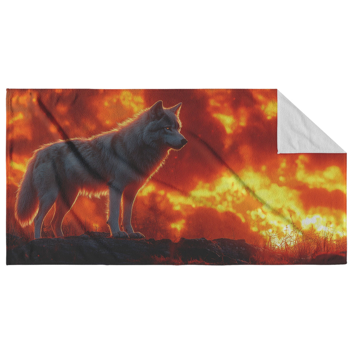 Alpha Wolf Standing Tall on Rocky Ledge Under Fiery Red Sunset with Glowing Clouds Wildlife Design Beach Towel - Awakening Righteousness