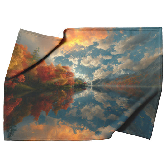 Autumn Landscape with Mountain Reflections in Crystal Clear Lake Surrounded by Colorful Trees on Fleece Sherpa Blanket - Awakening Righteousness