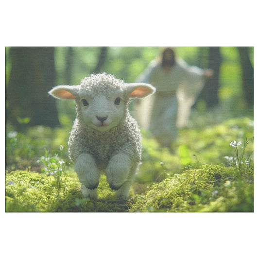 Joyful Journey Lamb's Innocence in Nature's Embrace With Jesus Christ Running Towards Him Christian Canvas Wall Art Decor