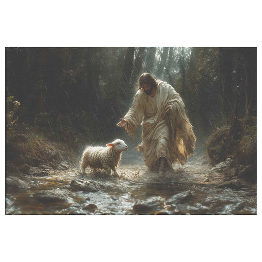 Divine Light in the Darkness Jesus Guiding the Lost Lamb Through Rain Christian Canvas Wall Art Decor