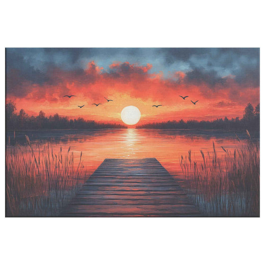 Enchanting Sunset Lake with Wooden Dock and Birds Tranquil Natural Scenery Canvas Wall Art