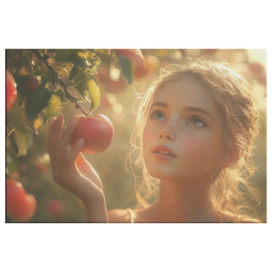 Eve in Paradise: Young Woman Reaching for Sunlit Apples in a Lush Orchard – Stunning Christian Canvas Wall Art Decor