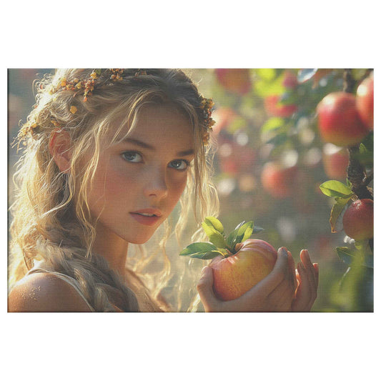 Eve in the Apple Orchard Enchanting Young Woman with Flowered Hair Admiring Ripe Apples Under the Sun Exquisite Christian Canvas Wall Art Decor