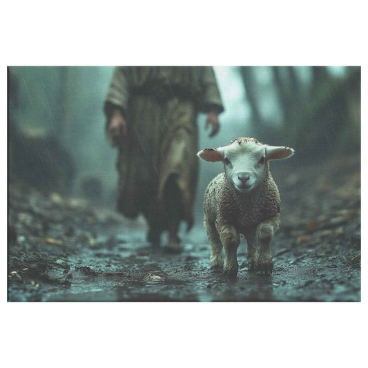 Hope in the Storm Lost Lamb Guided Jesus on a Rainy Path Christian Canvas Wall Art Decor