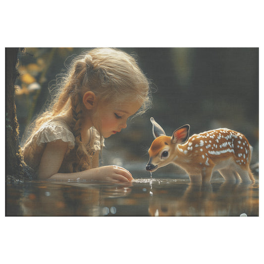 Little Girl and Adorable Fawn the Water Christian Canvas Wall Art Decor - Awakening Righteousness