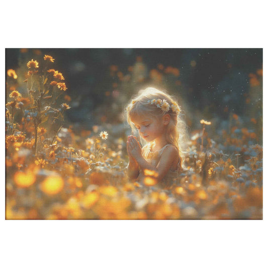 Little Girl Praying in a Sunlit Field of Blossoms Inspirational Christian Canvas Wall Art Decor