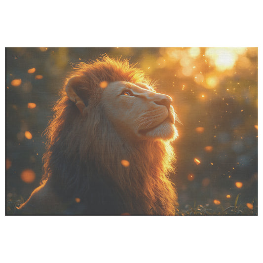 Majestic Lion with Golden Mane Basking in Sunset Glow Surrounded Lush Greenery and Shimmering Fireflies Wildlife Canvas Wall Art Decor - Awakening Righteousness