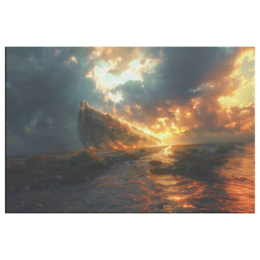 Noah’s Ark Amidst a Fiery Dawn and Stormy Seas Christian Canvas Wall Art Decor