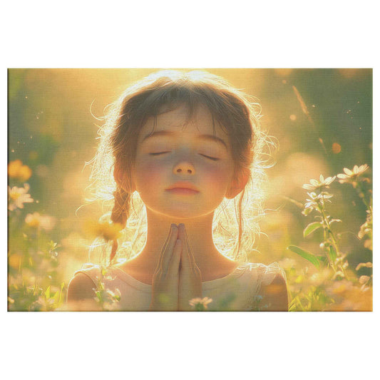 Radiant Morning Prayer Young Girl Surrounded Blooming Flowers in Golden Light Christian Canvas Wall Art Decor