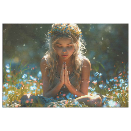 Radiant Reflection Young Girl in Floral Crown Meditating in Wildflower Meadow Inspiring Christian Canvas Wall Art Decor