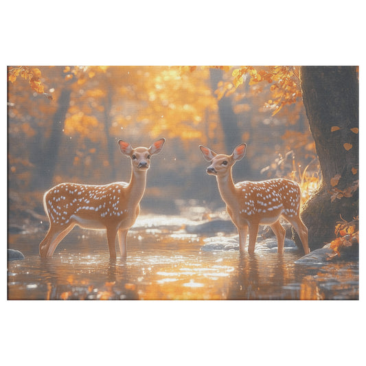 Serene Pair of Deer Standing in Shimmering River Surrounded Autumn's Beauty Christian Canvas Wall Art Decor - Awakening Righteousness