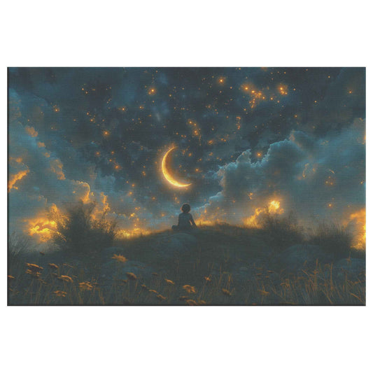 Starry Dreams Young Boy in Awe Under Enchanting Night Sky Awakening Wonder Canvas Wall Art Decor