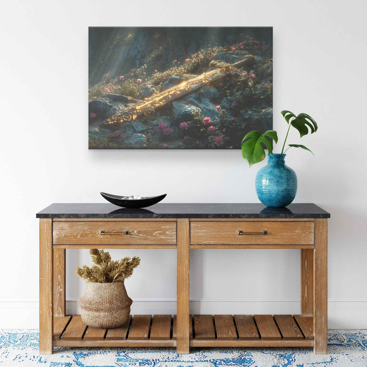 Sword of Righteousness Divine Light on the Path Amidst Blossoms and Greenery Christian Canvas Wall Art Decor
