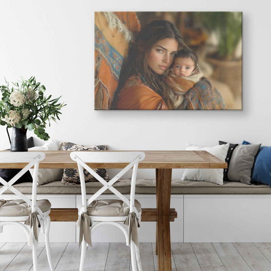 Tender Love Mother Holding Baby in Vibrant Shawl Against Rustic Background Inspiring Christian Canvas Wall Art Decor