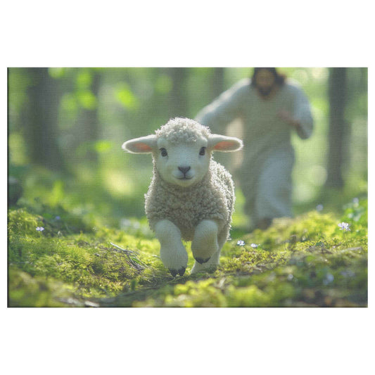 The Joyful Pursuit Jesus Running to Rescue the Wandering Lamb Christian Canvas Wall Art Decor