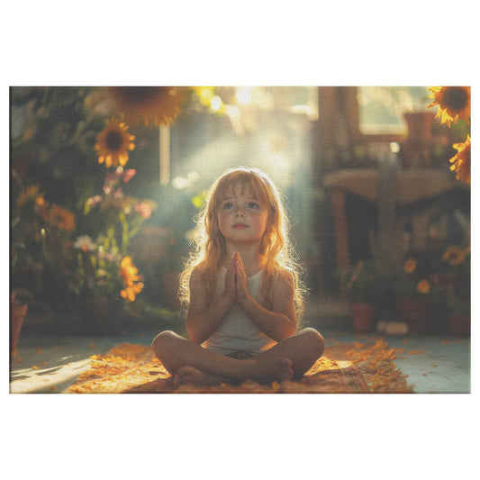 Tranquil Meditation of a Young Girl in a Sunlit Garden Surrounded Blooming Sunflowers Christian Canvas Wall Art Decor
