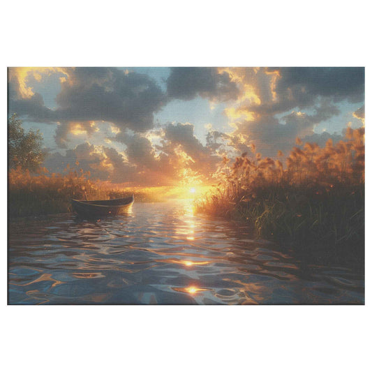 Tranquil Sunset Over a Calm Lake with a Small Boat and Reeds, Capturing Hyper-Realistic Reflections and Serene Atmosphere Stunning Natural Scenery Canvas Wall Art