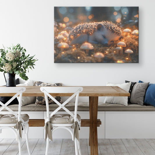 Baby Hedgehog Curled Up on Glowing Moss with Bioluminescent Mushrooms Under Twilight Sky Canvas Wall Art - Awakening Righteousness