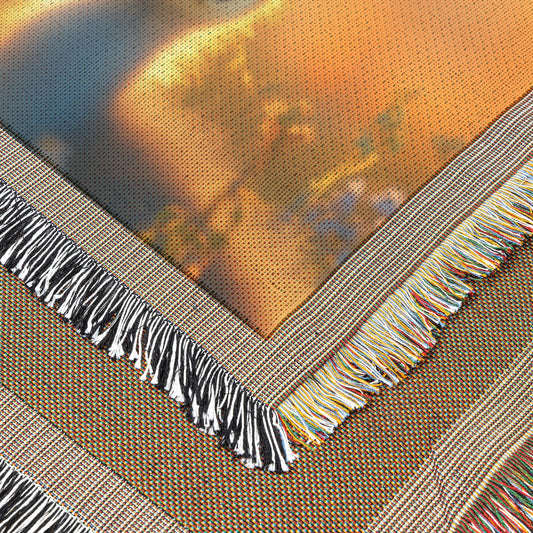 Baby Peacock with Young Girl in Wildflower Meadow Under Golden Sunrise Peaceful and Serene Woven Throw Blanket - Awakening Righteousness