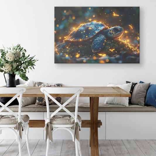 Baby Turtle Resting on Glowing Mossy Stone Surrounded by Fireflies and Golden Forest Light Canvas Wall Art Decor - Awakening Righteousness