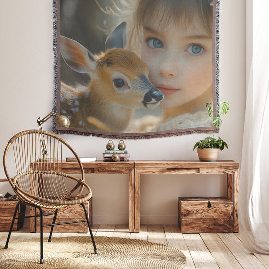 Beautiful Young Girl Holding Baby Deer Woven Throw Blanket - Awakening Righteousness