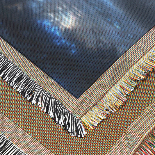 Black Dragon Breathing Blue Fire in Bioluminescent Forest Woven Throw Blanket with Full Moon and Silver Scale Highlights - Awakening Righteousness