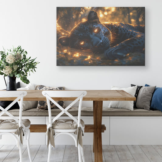 Black Leopard Resting Under Glowing Moonlight Canvas Wall Art Decor in Magical Forest with Silver Light on Sleek Fur - Awakening Righteousness