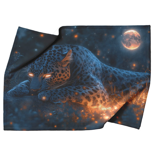 Black Leopard Resting Under Glowing Moonlight in Magical Forest with Silver Light Fleece Sherpa Blanket - Awakening Righteousness