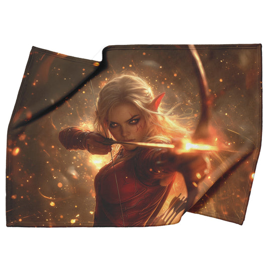 Blood Elf Hunter Fleece Sherpa Blanket Crimson Armor Glowing Bow Golden Textures Cosmic Highlights Bold Majestic Design - Awakening Righteousness