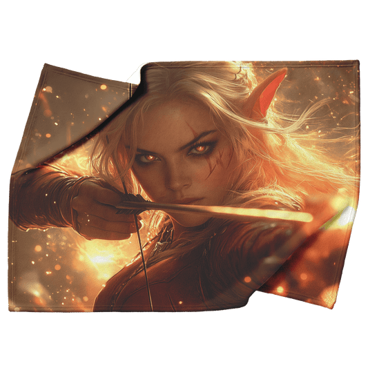 Blood Elf Hunter Fleece Sherpa Blanket Crimson Armor Glowing Bow Golden Textures Cosmic Highlights Bold Majestic WoW Design - Awakening Righteousness
