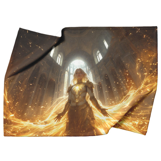 Blood Elf Paladin Fleece Sherpa Blanket Sunlit Temple Golden Armor Light Rays Radiant Accents Peaceful Powerful Design - Awakening Righteousness